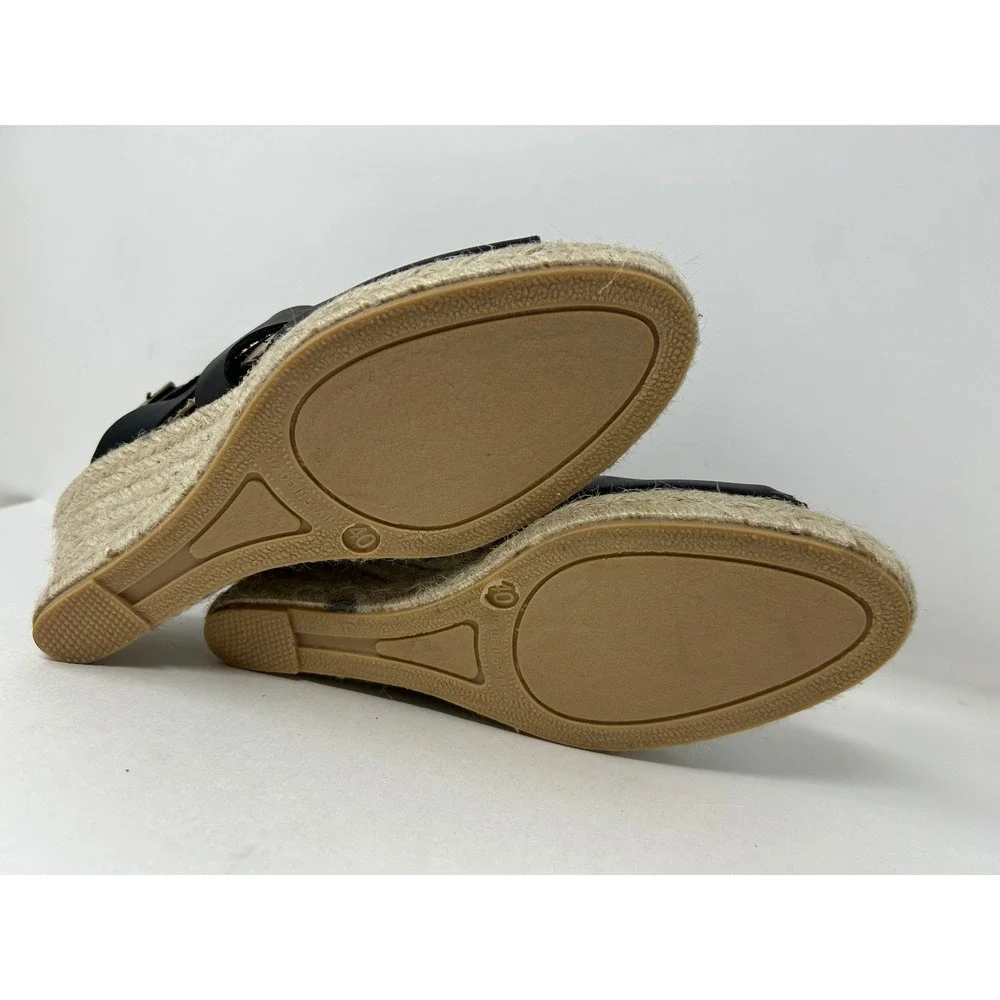 Barbour Black Leather Espadrille Wedge Sandals Buckle Ankle Strap Women's Size 9